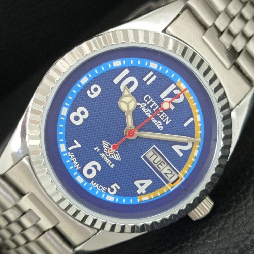 Vintage 1990 Citizen Automatic Mens Silver Watch W/daydate & Orange accents